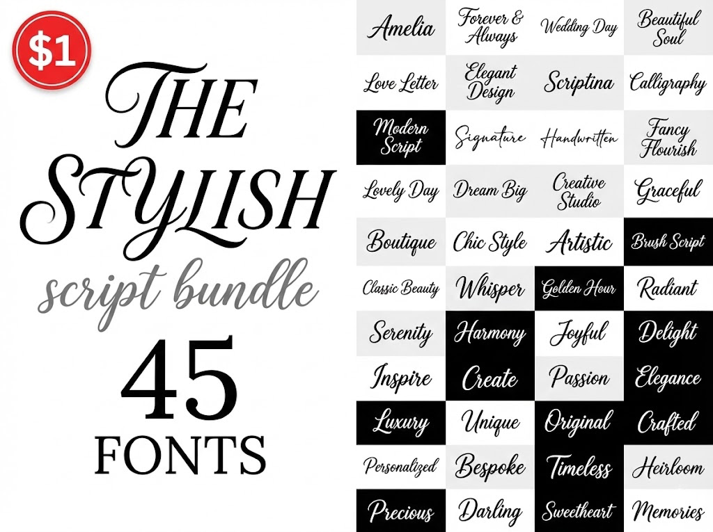 45 Elegant Fonts for Cricut: #1 Best Script Bundle (OTF) 45 Elegant Fonts for Cricut script typography.