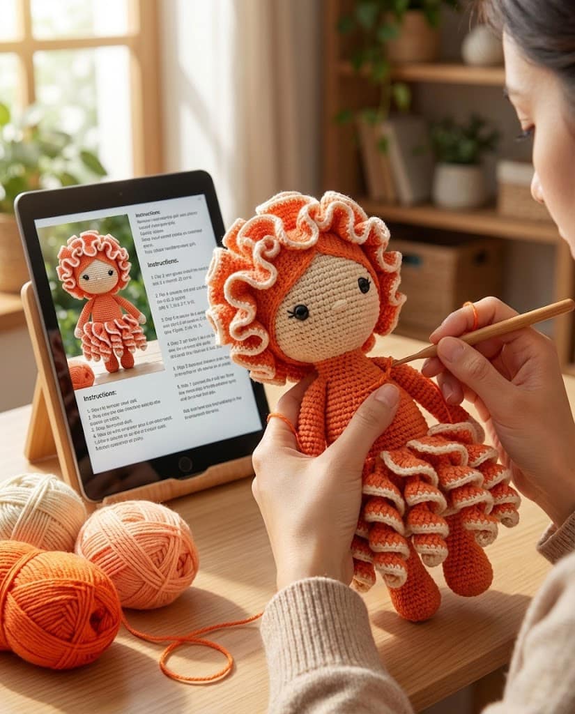 Caro – The Coral Girl Crochet Pattern amigurumi fantasy doll.