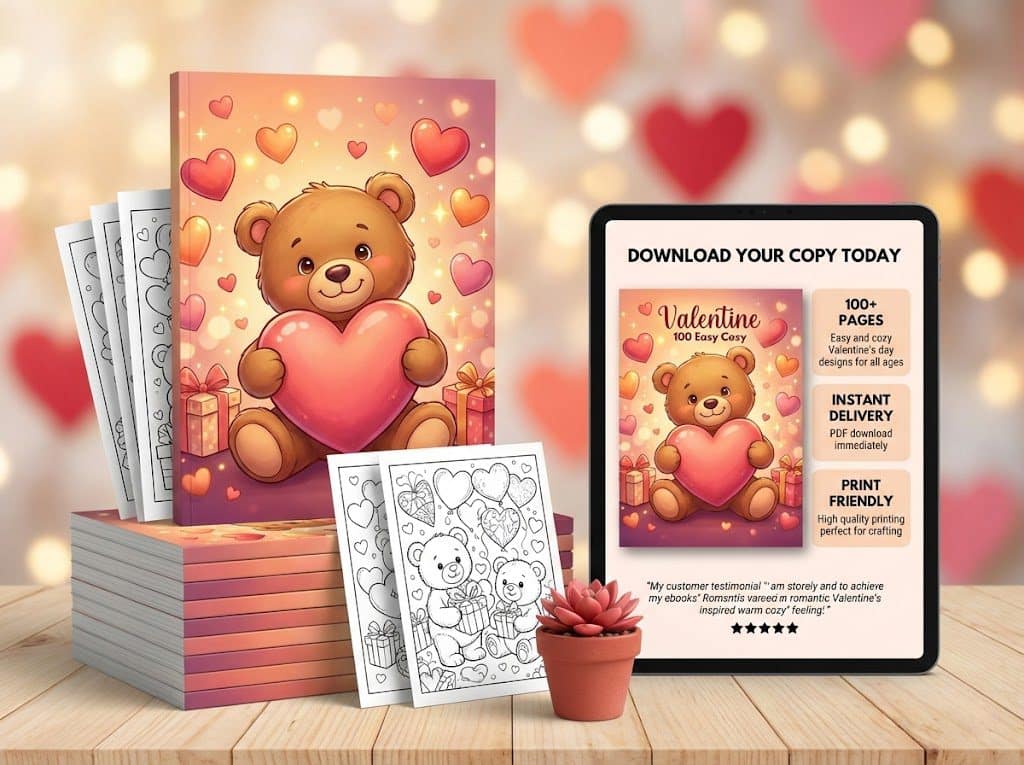 Valentine 100 - Easy, Cozy Coloring Book Valentine 100 - Easy Cozy Coloring Book teddy bear.